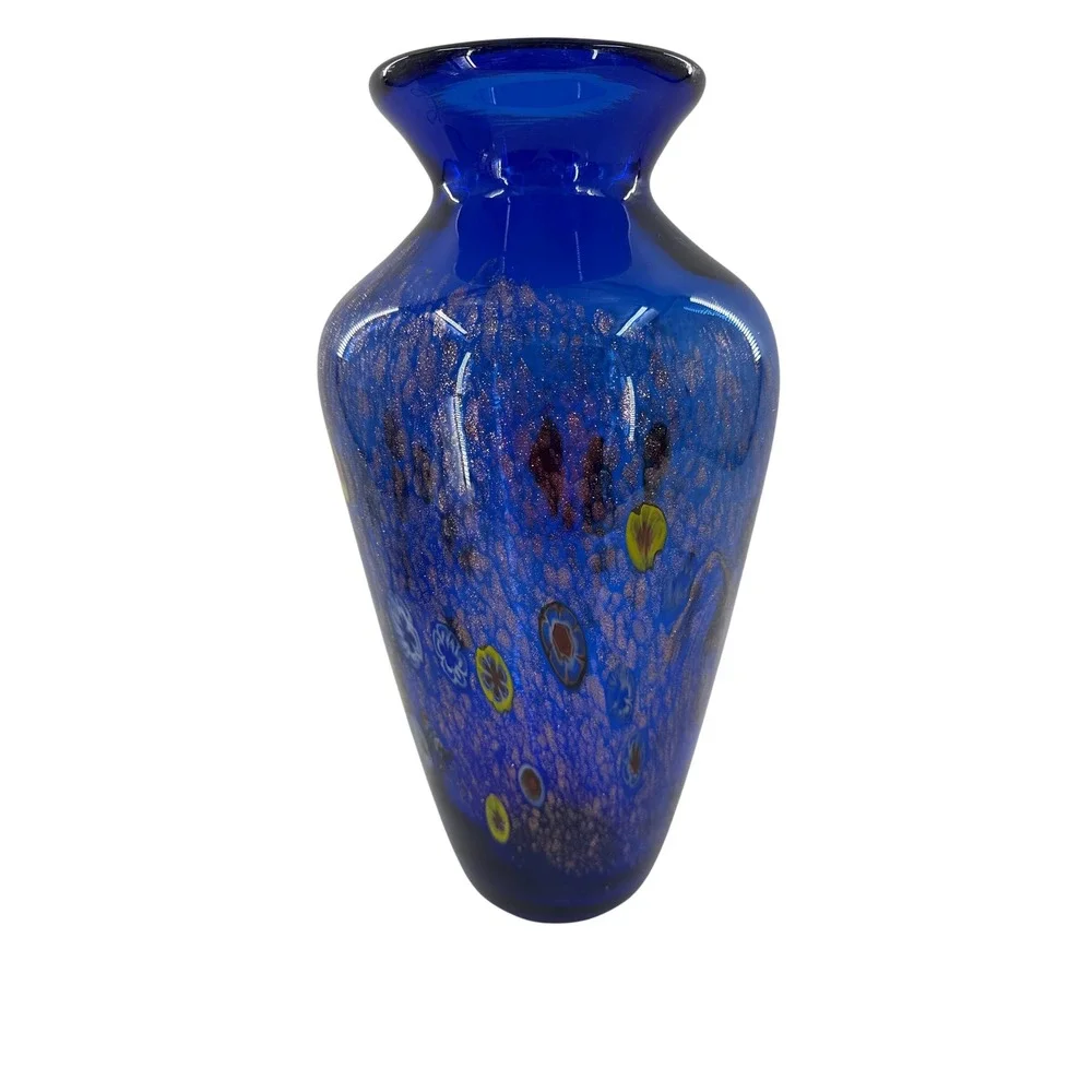 Blown Glass Art Glass Vase Cobalt‎ Blue Millefiori Copper Aventurine 10 Inch